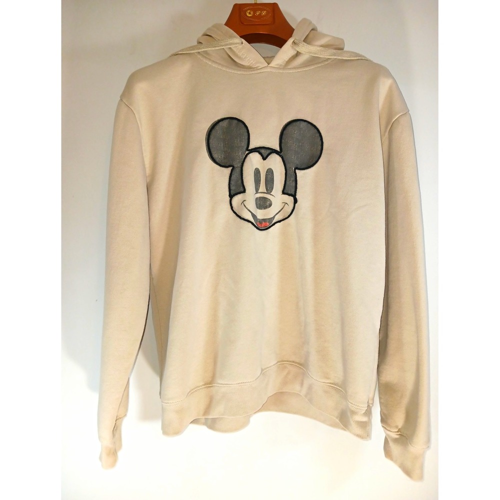 Disney Mickey Mouse Women L Beige Fleece Pullover Hoodie Graphic Print Logo